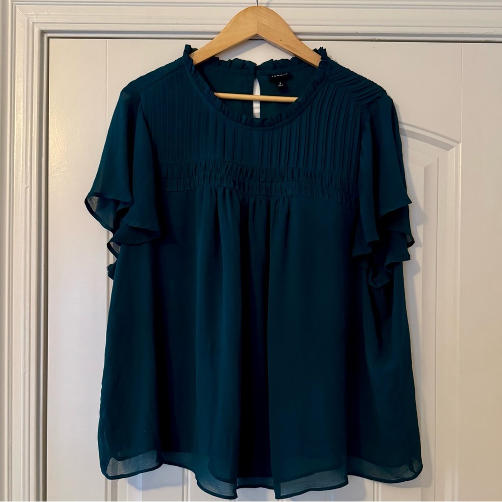 Torrid Teal Pleated Ruffle Sleeve Blouse Size 3 (3X) - Like New